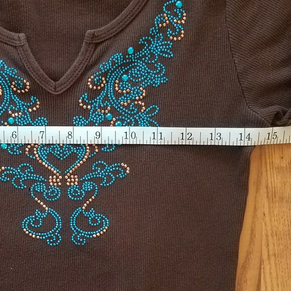 Brown Top with Copper/Turquoise Rhinestones - Picture 6 of 8